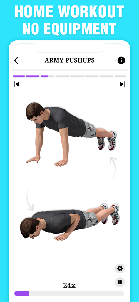 Arm Workout - Biceps, Triceps - Interfaz de aplicación móvil que muestra un personaje 3D realizando flexiones de ejército para entrenamiento de la parte superior del cuerpo en casa.