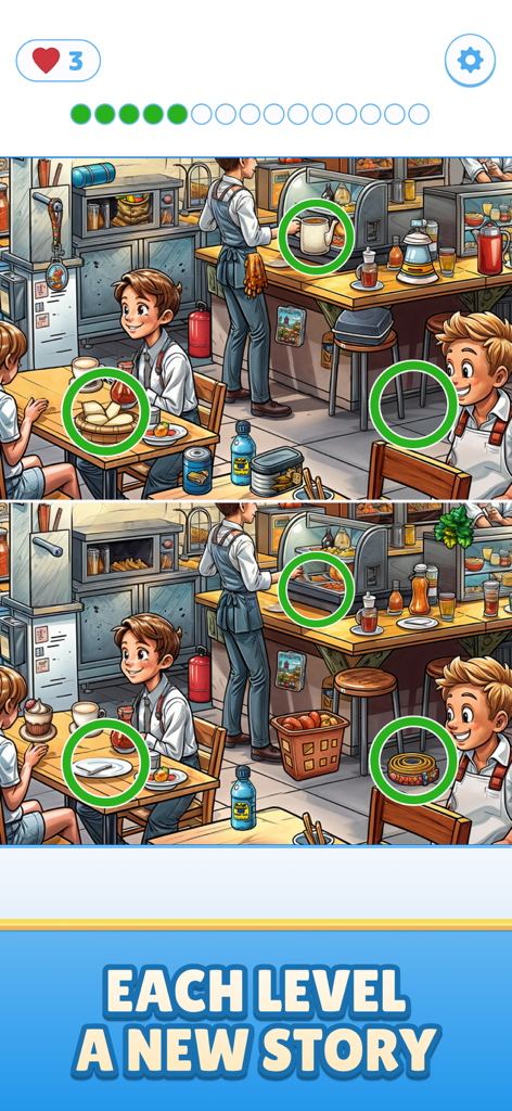 Find Master - Spot Differences - Uno screenshot del gioco puzzle Find Master Spot Differences che mostra una scena di un caffè con cerchi verdi che evidenziano le differenze trovate.