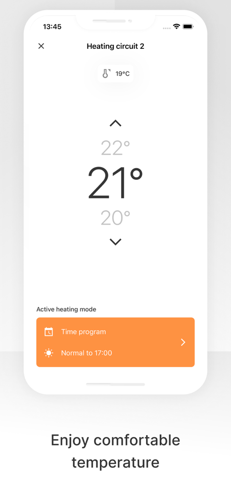 Interface de l'application ViCare affichant les réglages de température et le mode de chauffage actif pour une maison intelligente