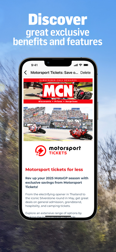 MCN: Motorcycle News Magazine - MCN app screen promoting subscriber-only rewards and motorsport ticket discounts.