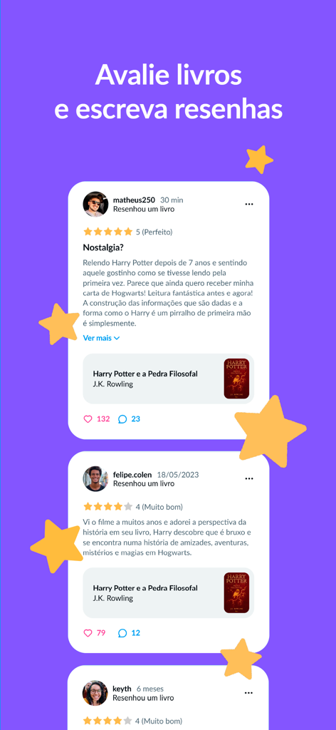 Skoobアプリのインターフェース。ポルトガル語でのユーザーによる本のレビューと星評価を示しています。