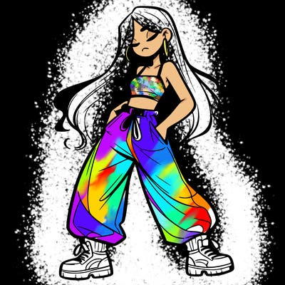 girl in baggy pants crop top and long hair