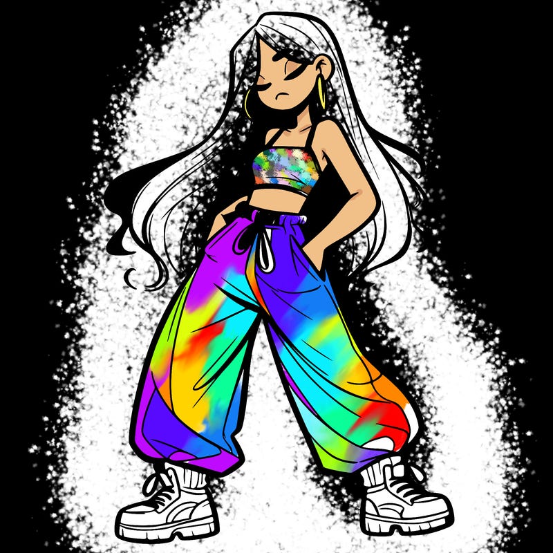 girl in baggy pants crop top and long hair