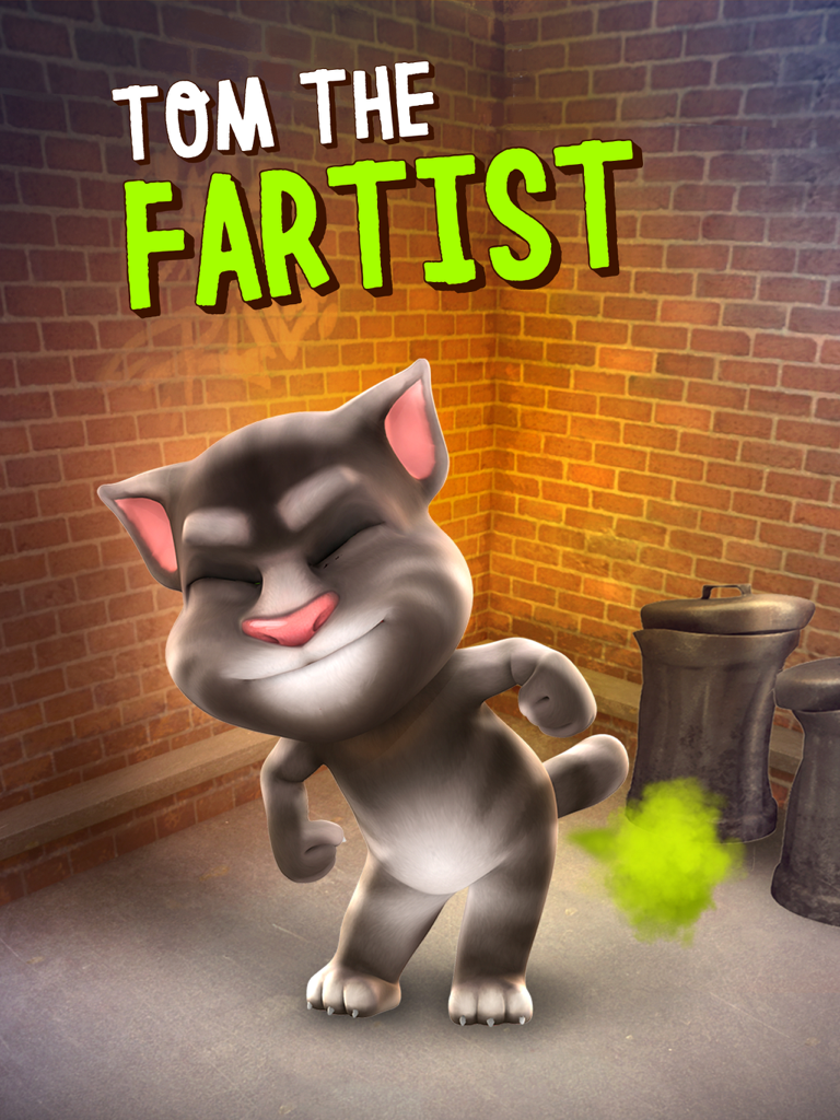 Talking Tom the cat making a funny face and farting a green cloud