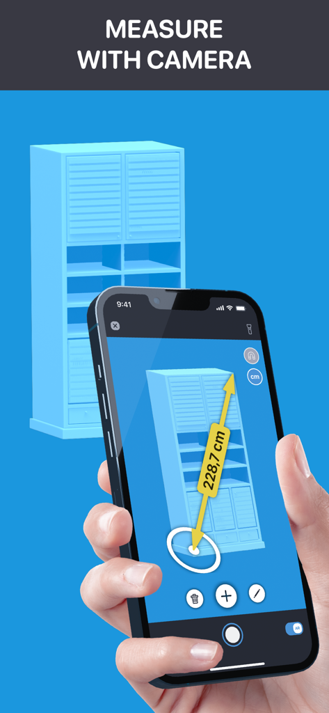 A person using the AR camera feature on a smartphone to measure the height of a blue shelf