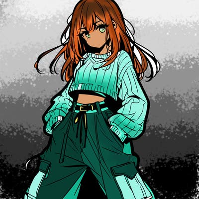 anime teen girl with baggy pants and crop top with sweater