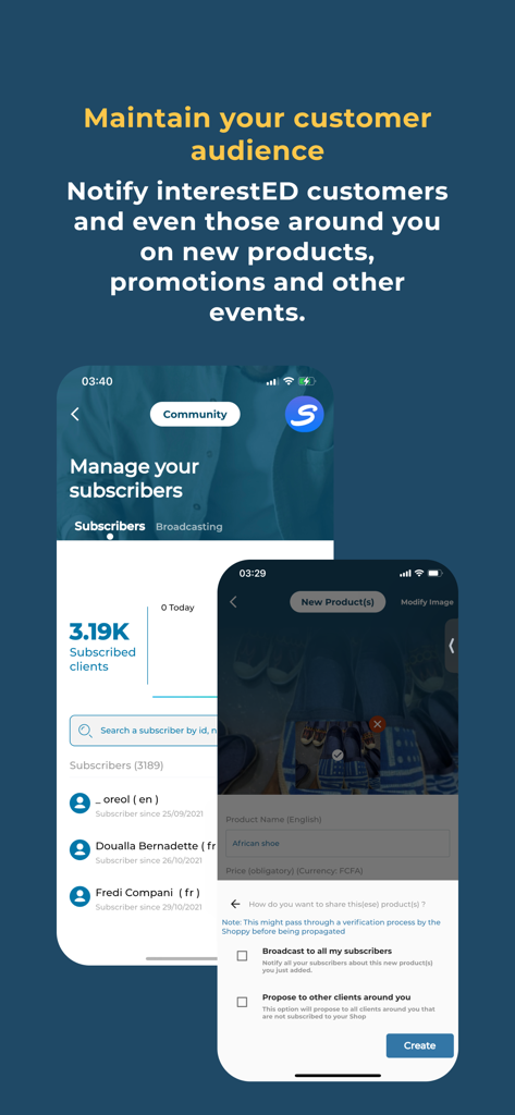 Shoppy MarketSpace Seller - Interface of the Shoppy MarketSpace Seller app showing subscriber management and product broadcasting features.