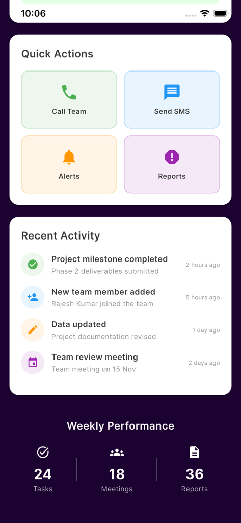Pollster - Pollster app dashboard featuring quick actions recent activity and weekly performance metrics for election management