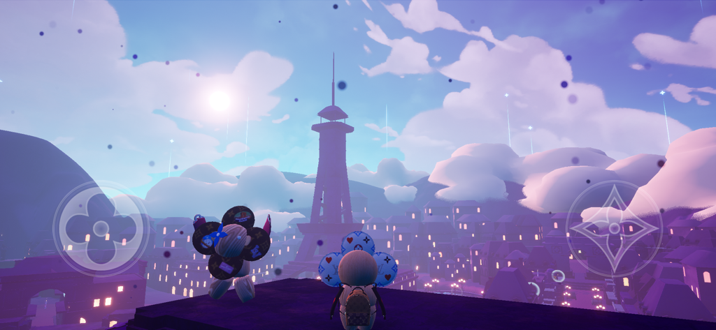 LOUIS THE GAME - Der Charakter Vivienne blickt auf eine traumhafte Pariser Landschaft mit einer von Eiffelturm inspirierten Struktur in Louis The Game.