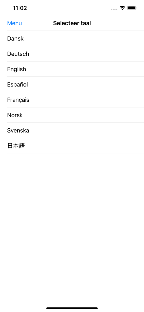 Language selection screen in the Liedboek children songs app displaying multiple language options