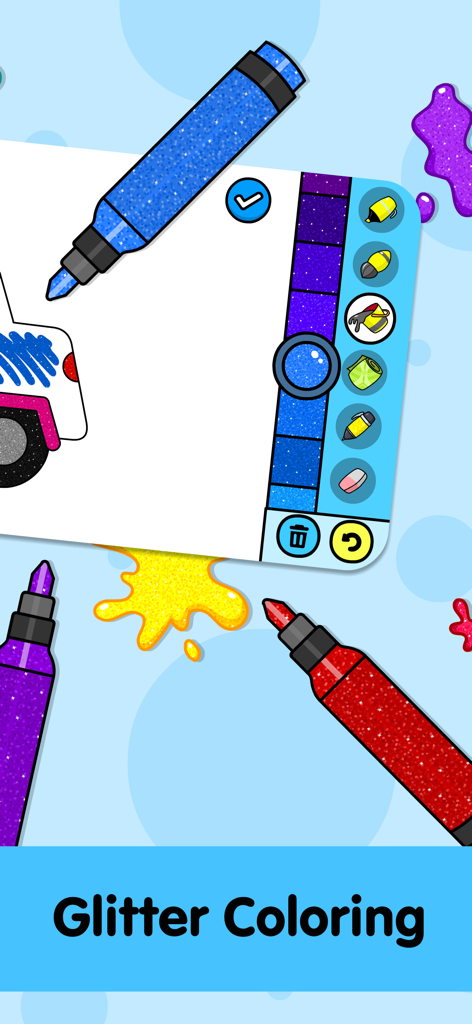 Digital coloring book interface showing a glitter marker and color palette for kids