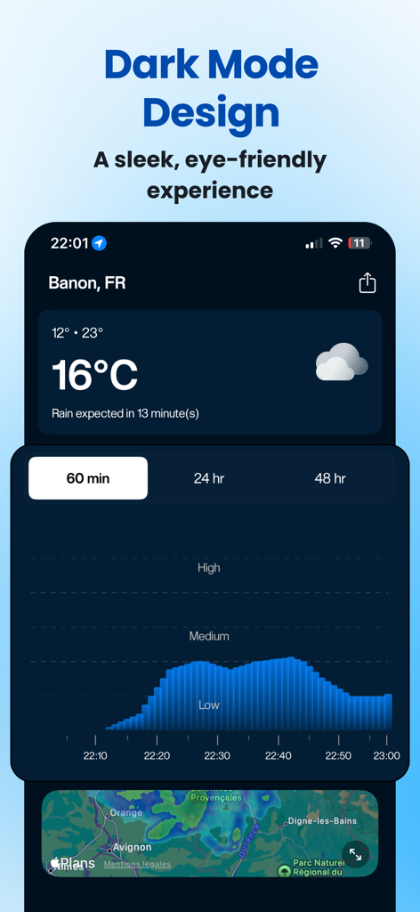 Rain Now : Rain Radar & Alerts - Rain Now app dark mode interface showing local weather and a 60-minute precipitation chart