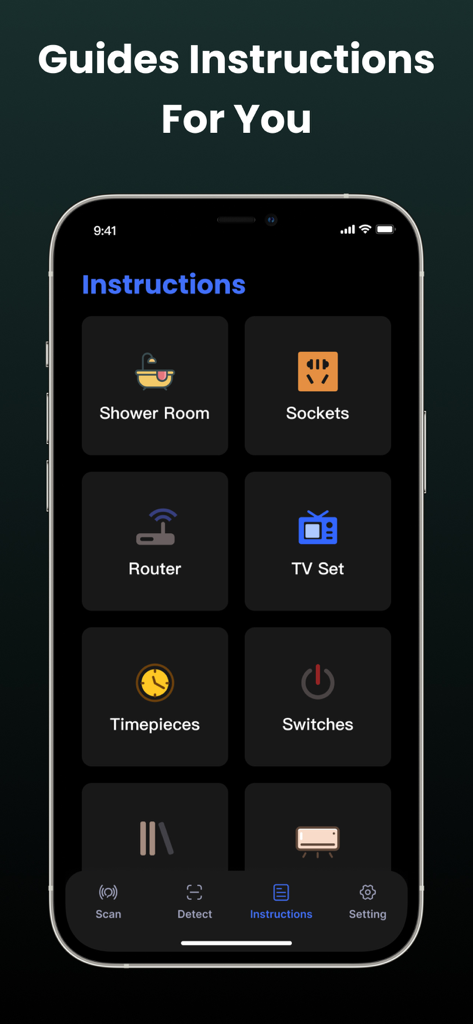Instructions screen of Glint Finder app showing search categories for hidden cameras like shower rooms, sockets, and routers.