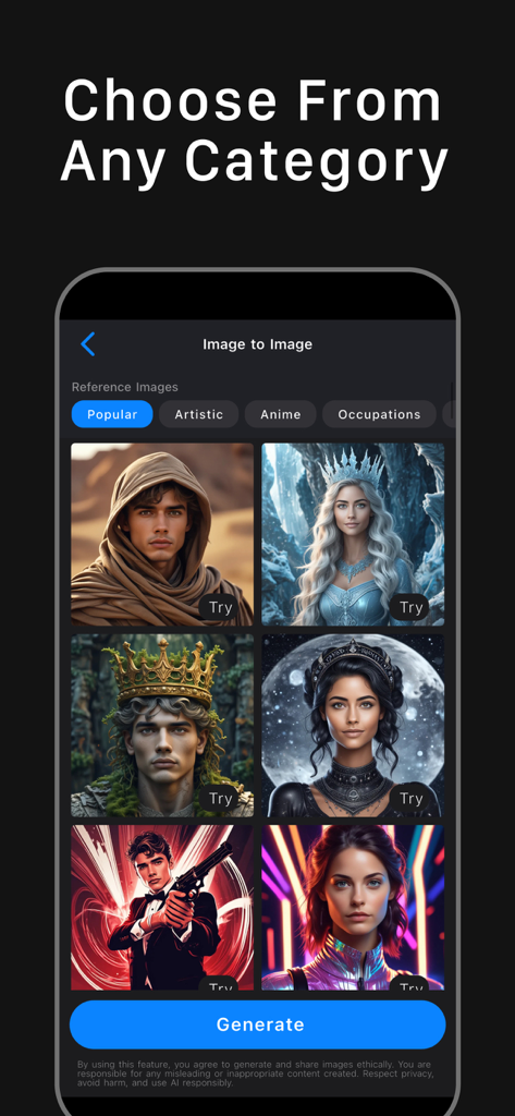 Photo Face Swap AI Editor App - Photo Face Swap AI Editor app interface showing image to image category selection