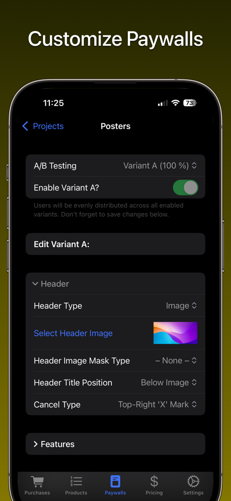 FreemiumKit: In-App Purchases - Schermata dell'app FreemiumKit che mostra opzioni di personalizzazione del paywall e A/B testing per sviluppatori iOS