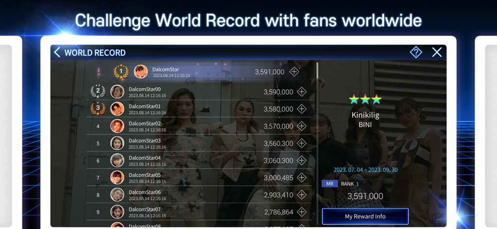 SuperStar PHILIPPINES - World record leaderboard for the song Kinikilig by BINI in SuperStar PHILIPPINES