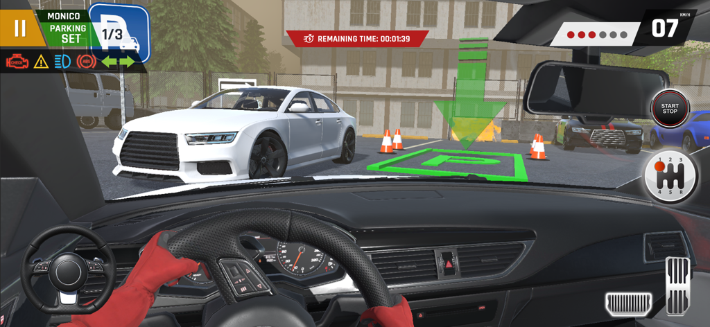Cockpit view of a realistic 3D car parking game with a white car and parking spot markers visible.