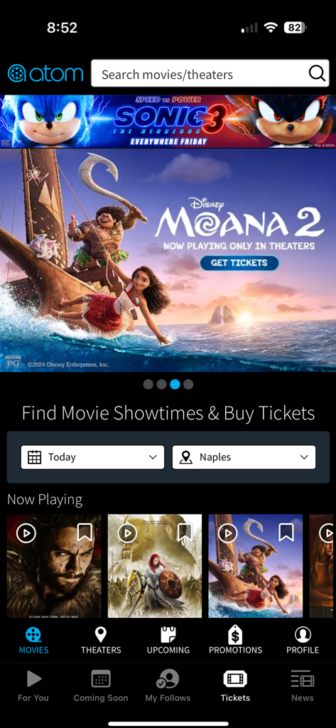 Movies Now! Stream Movie Apps - Movies Now app interface showing featured films like Moana 2 and Sonic 3 with options to find local theater showtimes and buy tickets