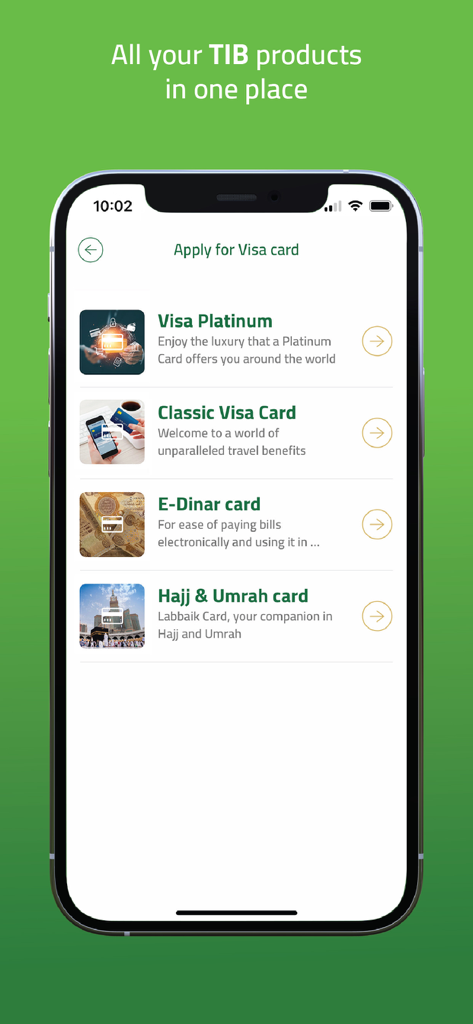 TIB Online - TIB Online mobile app screen displaying options to apply for Visa Platinum, Classic Visa Card, E-Dinar card, and Hajj and Umrah card.