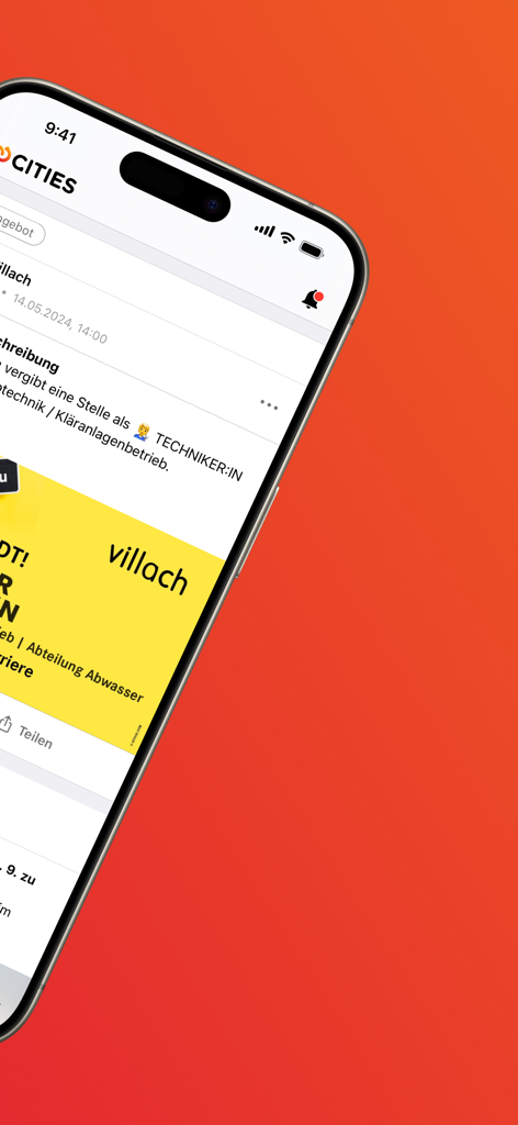 Smartphone-Bildschirm mit dem CITIES Gemeinde-App-Newsfeed mit lokalen Stellenangeboten