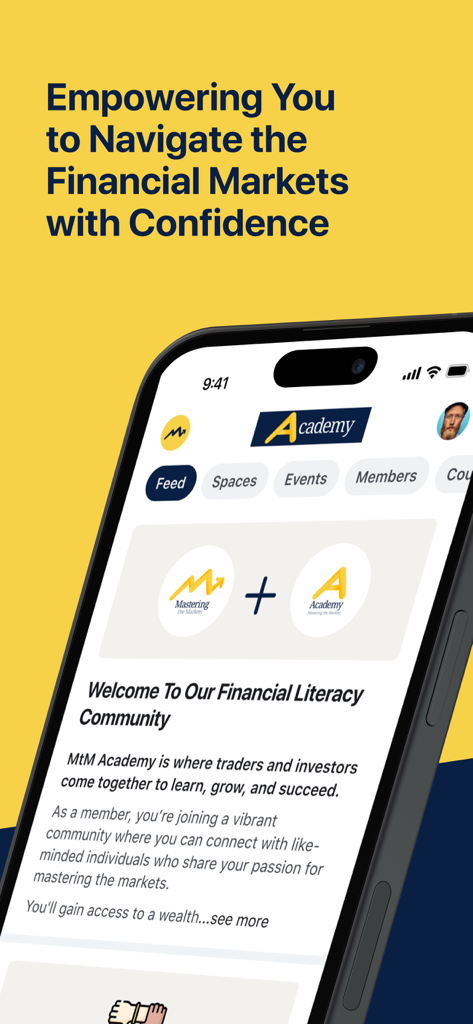 Mastering the Markets Academy - Mastering the Markets Academy app interface showing a welcome message to its financial literacy community