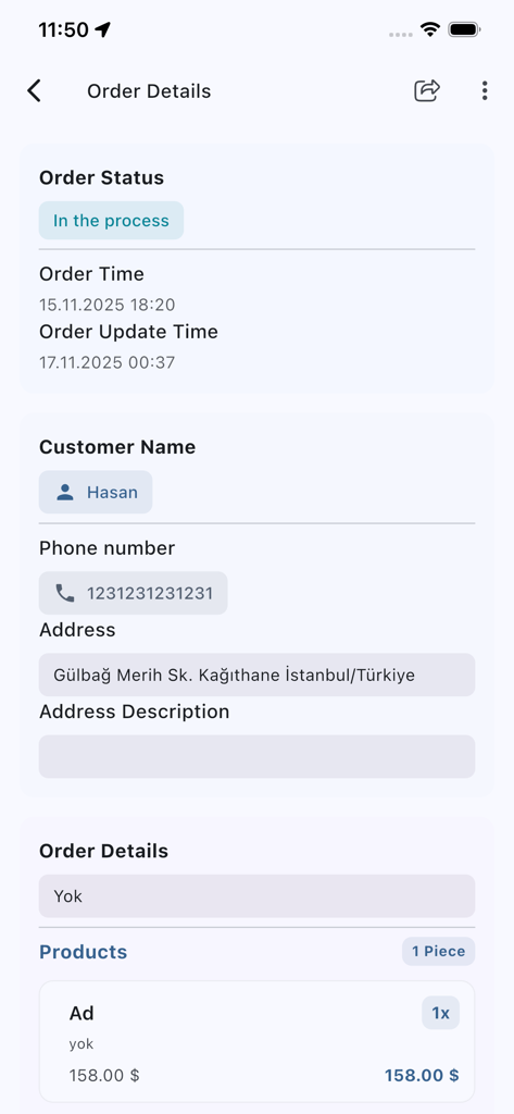 Order Tracking System - Screenshot of the Order Tracking System app showing order status customer details and product pricing