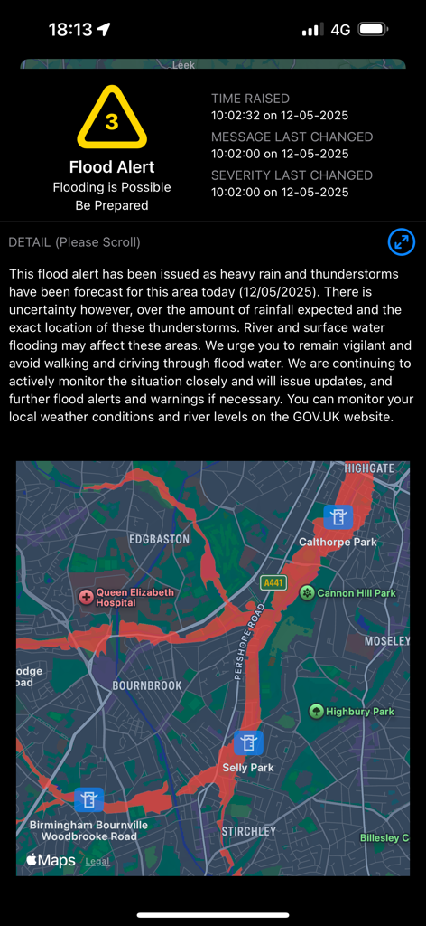 UkFloodPro - Detailed flood alert screen with risk map showing flood zones in Birmingham