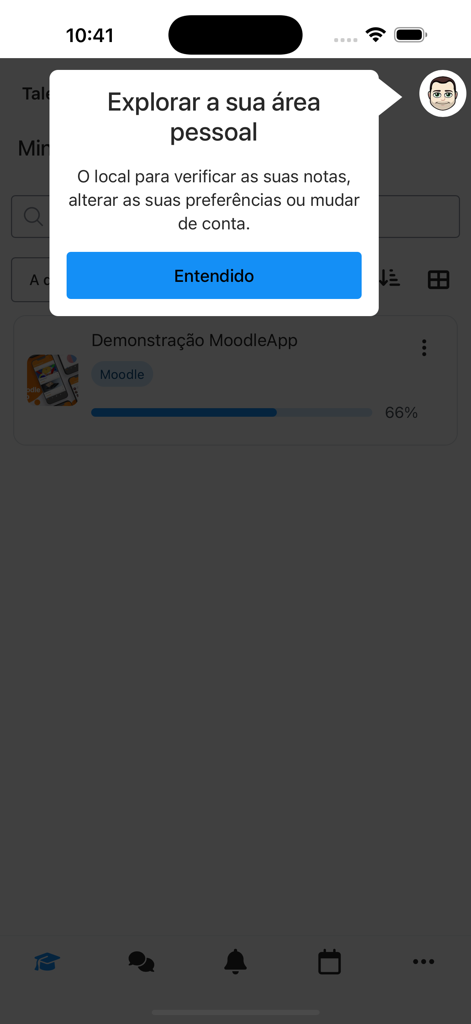 Talento Moodle - A screenshot of the Talento Moodle app showing a tutorial popup about the personal area for grades and progress tracking.