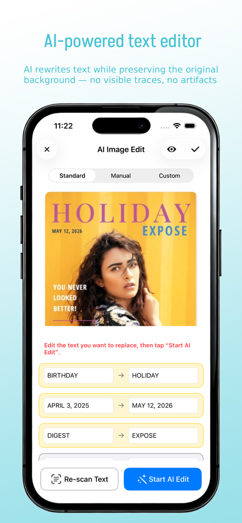 EditShot – Photo Text Editor - EditShot mobile app interface showing AI text replacement on a photo with background restoration.