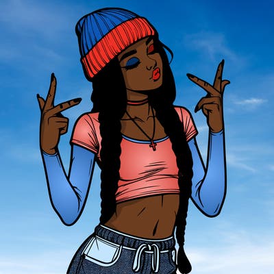 realistic teenage girl with braids and a beanie and crop top doing 🫶🏼