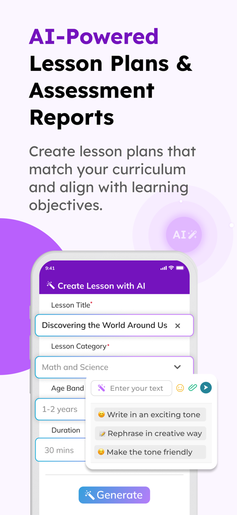 Mobile screen showing AI powered lesson plans and assessment reports in the illumine app