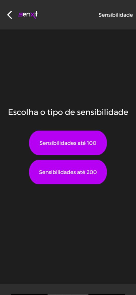 SenXit - Pacote de Sensi FF - SenXit app interface showing options to choose sensitivity levels up to 100 or 200 for Free Fire game optimization.