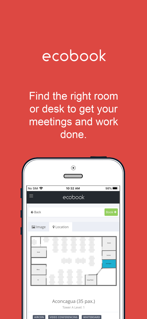 ecobook - Room & Desk Booking - Ecobook App-Oberfläche zeigt einen Büro-Grundriss für die Buchung von Räumen und Schreibtischen