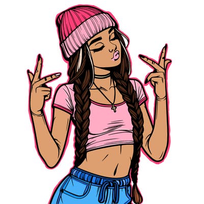 realistic teenage girl with braids and a beanie and crop top doing 🫶🏼