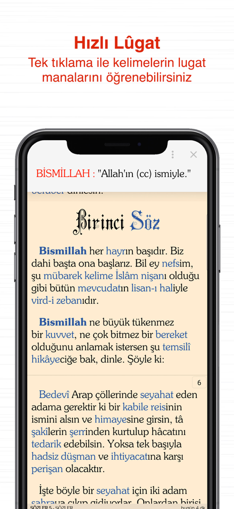 Risale-i Nur Kütüphanesi - Interfaz de la aplicación Risale-i Nur Library mostrando la definición rápida del diccionario para una palabra turca.