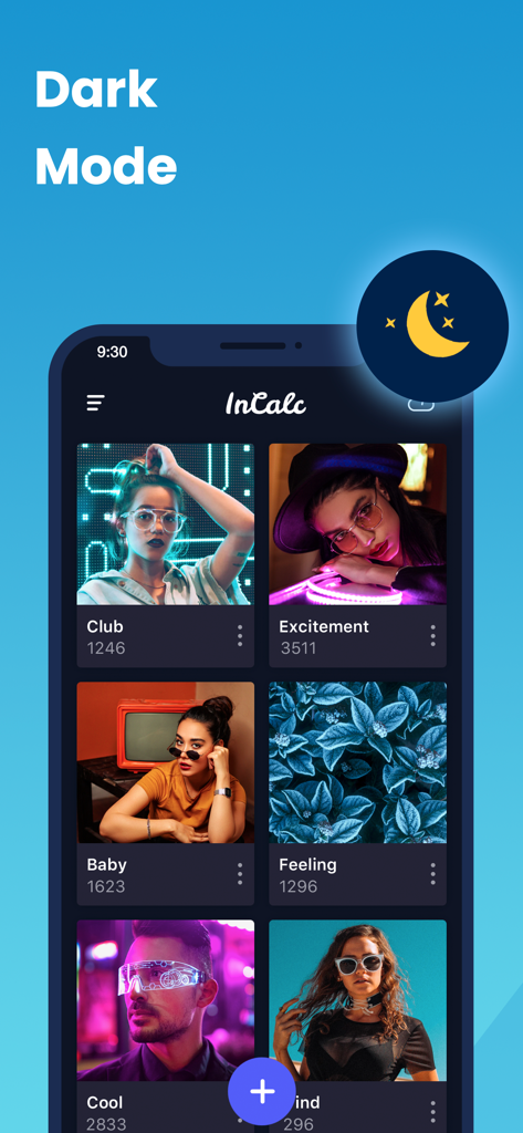 InCalc - InCalc app interface displaying photo vault albums in dark mode with a moon icon