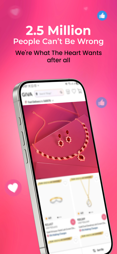 GIVA: Silver & Gold Jewellery - Tela de smartphone exibindo o aplicativo de joias GIVA com um conjunto de colar e brincos de rubi.