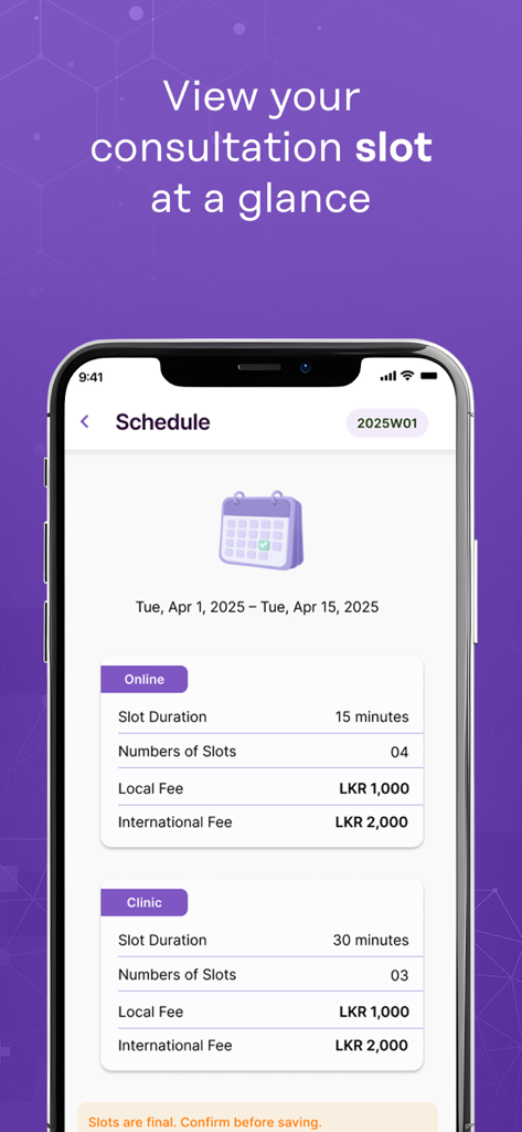MediMan Doctor - A smartphone screen displaying the MediMan Doctor app consultation schedule with online and clinic slot details.