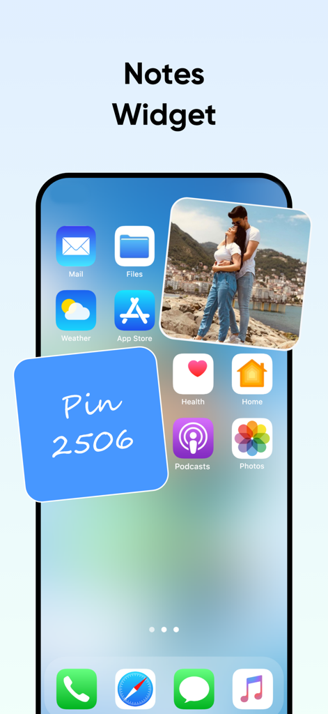 Color Note – Think Clearly - Una pantalla de inicio de iPhone que muestra dos widgets de la aplicación Color Note: una nota fotográfica y una nota adhesiva azul con un código PIN.