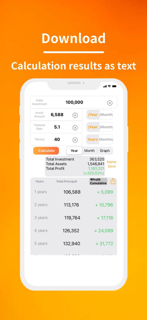 Compound Interest Calculator. - Calculadora de interés compuesto de la aplicación que muestra un desglose de los activos totales y las proyecciones de ganancias anuales.
