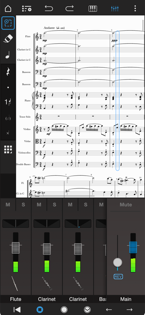 Interface professionnelle d'édition de partitions orchestrales et de mixage audio dans Notion Mobile.
