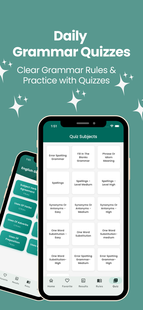 100 English Grammar Rules - Interfaz móvil de una aplicación de gramática inglesa que muestra varias categorías de cuestionarios como detección de errores y ortografía