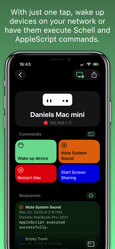 Remote Wake Up Mobile dashboard showing command buttons for waking up a computer and running scripts.