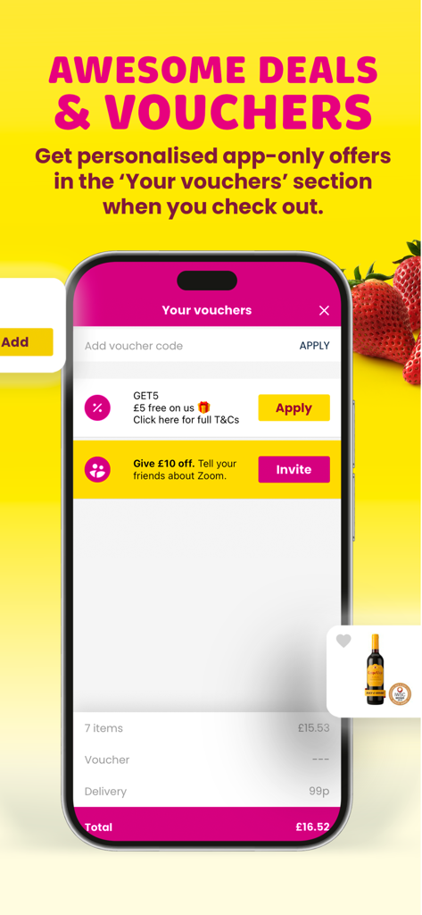 Zoom by Ocado mobile app screen showing personalized grocery vouchers and referral offers