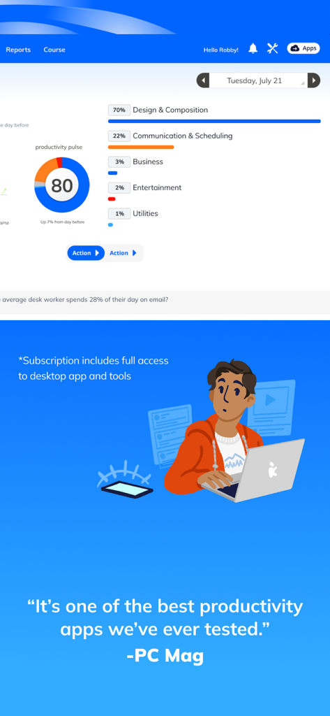 RescueTime - RescueTime dashboard showing a productivity pulse score of 80 with a time breakdown and an endorsement quote from PC Mag.