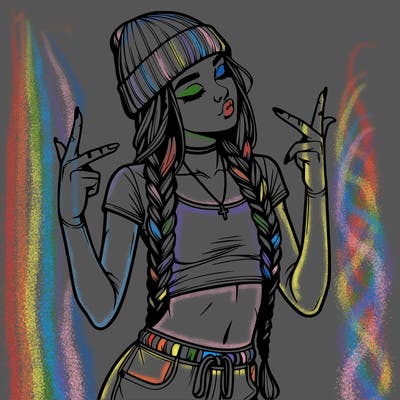 realistic teenage girl with braids and a beanie and crop top doing 🫶🏼