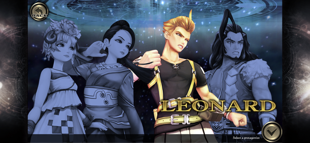 Character selection screen featuring protagonist Leonard in SaGa SCARLET GRACE AMBITIONS