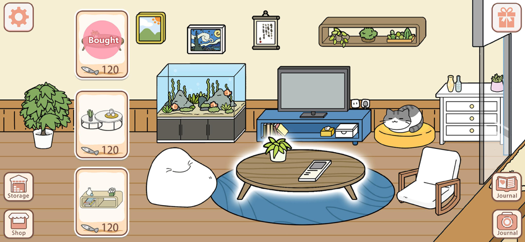 Dream House Decorating Games - Escena de decoración de sala de estar acogedora con menú de muebles y gato durmiendo