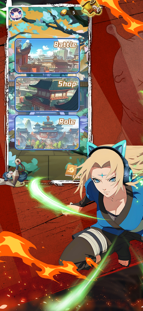 GAME! STORM NINJA - Game Storm Ninja menu interface showing battle shop and role buttons with a female anime ninja character wearing headphones