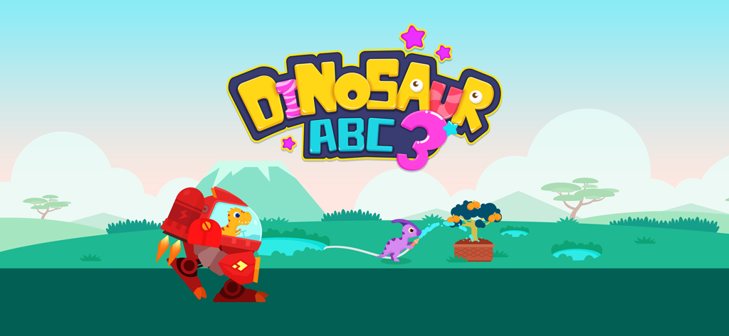 Titelbildschirm des Dinosaurier-ABC-3-Spiels mit einem Dinosaurier im Mech-Anzug und einem weiteren Dinosaurier, der einen Baum gießt.